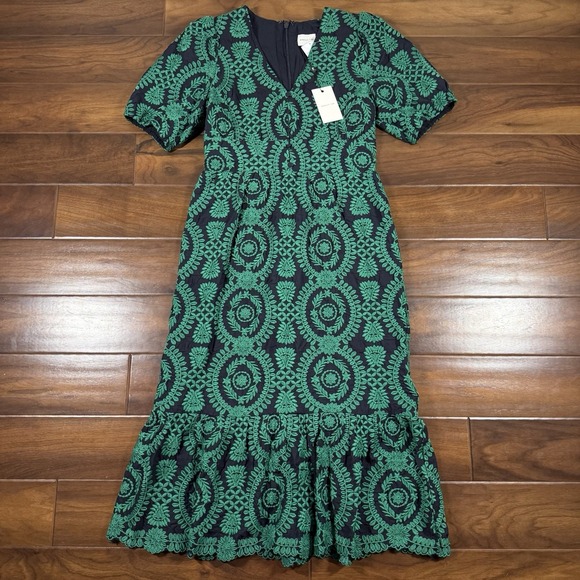 Adelyn Rae Women's Size Large Navy Blue Green Embroidered Luisa Midi Dress - Picture 1 of 11